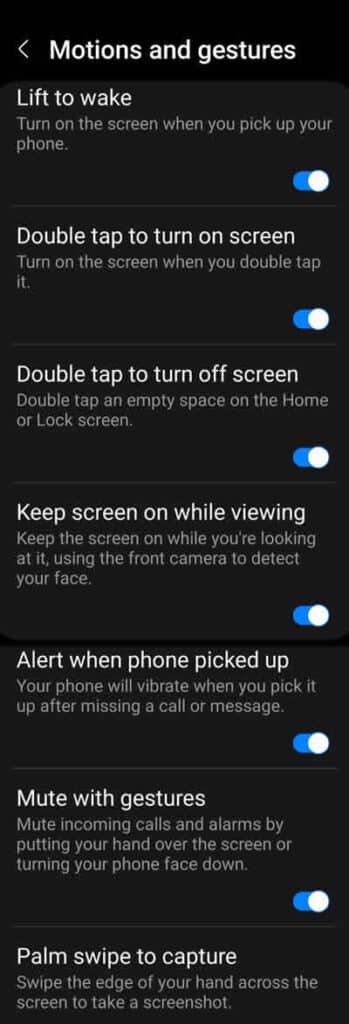 Android Setup Motions and gestures